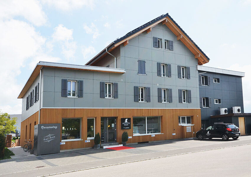 Fassade aus Holz und Faserzementplatte